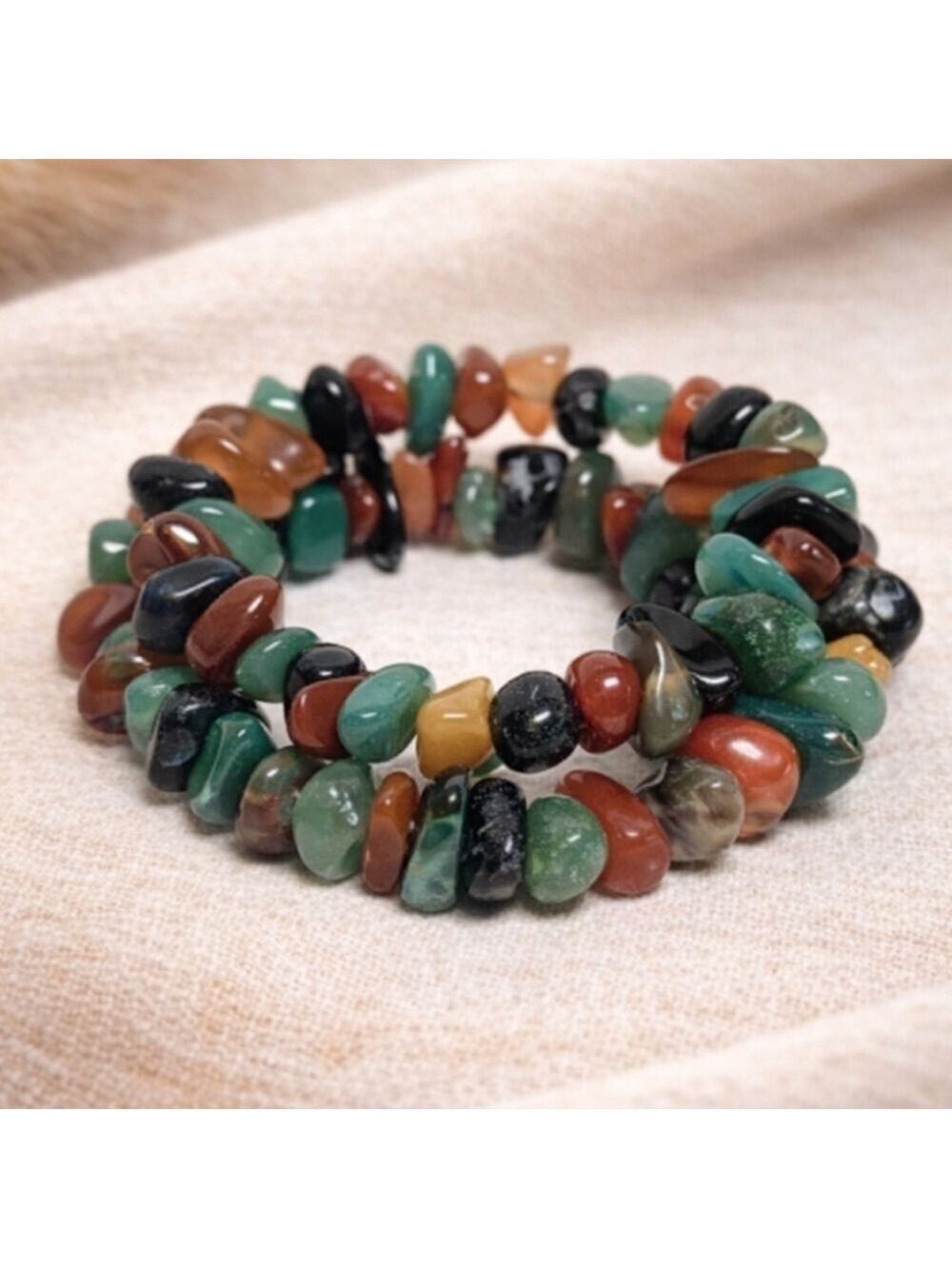 Multicolor Natural Stone Coil Wrap Bracelet – Boho Earthy Stack – Handmade – New